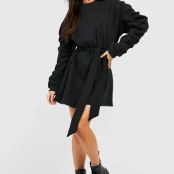 Robe Sweat à Ceinture Et Manches Volantées -Pas Cher Vêtue Diva Magasin gzz35898 black xl 2