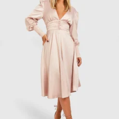 Robe Satinée Décolletée Froncée -Pas Cher Vêtue Diva Magasin gzz37280 champagne xl 2 scaled