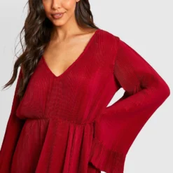 Robe Babydoll Plissée à Col V -Pas Cher Vêtue Diva Magasin gzz37304 berry xl 3