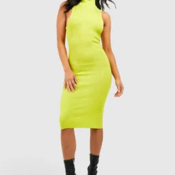 BOOHOO Petite - Robe Mi-longue En Maille à Col Montant -Pas Cher Vêtue Diva Magasin gzz37454 lime xl 2