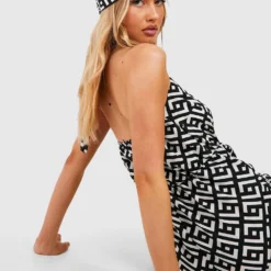 Tall - Ensemble à Imprimé Géométrique Avec Robe Longue Et Foulard -Pas Cher Vêtue Diva Magasin gzz37479 ivory xl 3