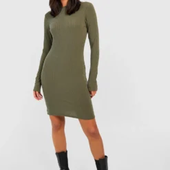 Robe Côtelée Fendue à Manches Longues -Pas Cher Vêtue Diva Magasin gzz37919 khaki xl 2