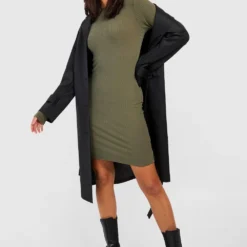 Robe Côtelée Fendue à Manches Longues -Pas Cher Vêtue Diva Magasin gzz37919 khaki xl 3