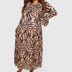 Grande Taille - Robe Longue à Imprimé Animal Et Volants -Pas Cher Vêtue Diva Magasin gzz37975 brown xl 2