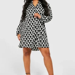 Grande Taille - Robe Chemise à Imprimé Géométrique -Pas Cher Vêtue Diva Magasin gzz38014 black xl 2 scaled