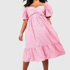 Grande Taille - Robe Mi-longue Brodée à Imprimé Vichy -Pas Cher Vêtue Diva Magasin gzz38096 pink xl 2