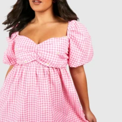 Grande Taille - Robe Mi-longue Brodée à Imprimé Vichy -Pas Cher Vêtue Diva Magasin gzz38096 pink xl 3 scaled