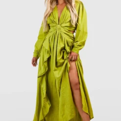 Grande Taille - Robe Longue En Lin à Découpes Et Volants