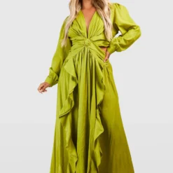 Grande Taille - Robe Longue En Lin à Découpes Et Volants -Pas Cher Vêtue Diva Magasin gzz38113 olive xl 2 scaled
