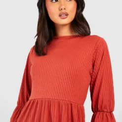 Robe Mi-longue Côtelée à Volants -Pas Cher Vêtue Diva Magasin gzz38197 rust xl 3