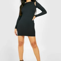 Petite - Robe Courte En Maille Côtelée épaisse -Pas Cher Vêtue Diva Magasin gzz38374 black xl 2