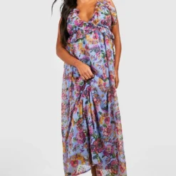 Grande Taille - Robe Longue Fleurie En Plumetis à Volants -Pas Cher Vêtue Diva Magasin gzz38403 blue xl 2