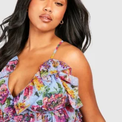 Grande Taille - Robe Longue Fleurie En Plumetis à Volants -Pas Cher Vêtue Diva Magasin gzz38403 blue xl 3