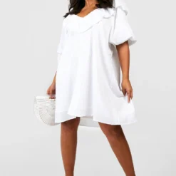 Grande Taille - Robe Droite Texturée à Volants -Pas Cher Vêtue Diva Magasin gzz38566 white xl 2