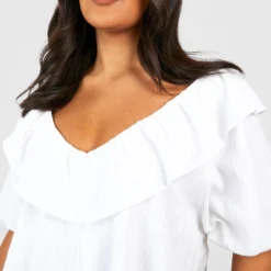 Grande Taille - Robe Droite Texturée à Volants -Pas Cher Vêtue Diva Magasin gzz38566 white xl 3