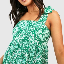 Petite - Robe Longue Froncée à Imprimé Porcelaine 9 Petite - Robe Longue Froncée à Imprimé Porcelaine -Pas Cher Vêtue Diva Magasin gzz38703 green xl 3