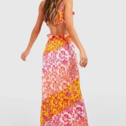 Robe Longue à Volants Et Imprimé Porcelaine -Pas Cher Vêtue Diva Magasin gzz38831 orange xl 1