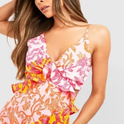 Robe Longue à Volants Et Imprimé Porcelaine -Pas Cher Vêtue Diva Magasin gzz38831 orange xl 3