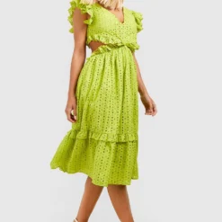 Robe Mi-longue Brodée à Découpes Et Volants -Pas Cher Vêtue Diva Magasin gzz38840 lime xl 2
