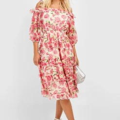 Robe Mi-longue Fleurie à Volants 8 Robe Mi-longue Fleurie à Volants -Pas Cher Vêtue Diva Magasin gzz39006 pink xl 2