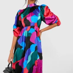 Robe Mi-longue Satinée à Imprimé Abstrait -Pas Cher Vêtue Diva Magasin gzz39075 multi xl 3