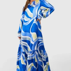 Robe Longue Satinée à Imprimé Abstrait -Pas Cher Vêtue Diva Magasin gzz39079 blue xl 2 scaled