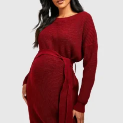 Maternité - Robe Pull En Maille Douce Nouée à La Taille -Pas Cher Vêtue Diva Magasin gzz39498 wine xl 2
