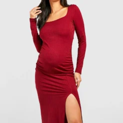 Maternité - Robe De Grossesse Côtelée Fendue -Pas Cher Vêtue Diva Magasin gzz39709 wine xl 2