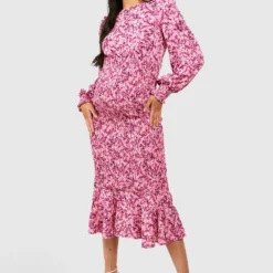 Maternité - Robe De Grossesse Mi-longue Froncée Fleurie -Pas Cher Vêtue Diva Magasin gzz39966 pink xl 2