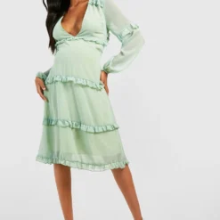 Maternité - Robe De Grossesse Mi-longue Nouée à Volants -Pas Cher Vêtue Diva Magasin gzz39967 sage xl 2