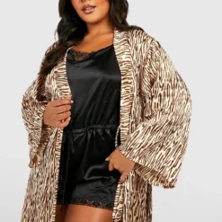 Grande Taille - Robe De Chambre Satinée à Imprimé Zèbre