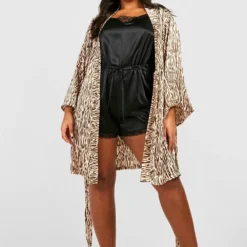 Grande Taille - Robe De Chambre Satinée à Imprimé Zèbre -Pas Cher Vêtue Diva Magasin gzz40057 brown xl 2