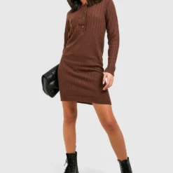 Robe Courte Côtelée à Col à Revers -Pas Cher Vêtue Diva Magasin gzz40326 brown xl 2 scaled