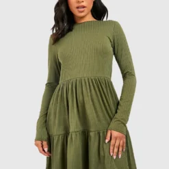 Petite - Robe Babydoll Froncée Côtelée -Pas Cher Vêtue Diva Magasin gzz40765 khaki xl 2