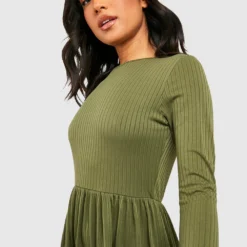 Petite - Robe Babydoll Froncée Côtelée -Pas Cher Vêtue Diva Magasin gzz40765 khaki xl 3