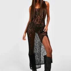 BOOHOO Robe Longue Fendue En Maille Fine 8 BOOHOO Robe Longue Fendue En Maille Fine -Pas Cher Vêtue Diva Magasin gzz40981 black xl 2