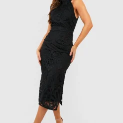 Robe En Crochet Et Dentelle Premium à Col Montant -Pas Cher Vêtue Diva Magasin gzz41119 black xl 2