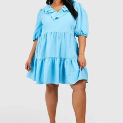 Grande Taille - Robe Babydoll Froncée à Volants -Pas Cher Vêtue Diva Magasin gzz41323 blue xl 2