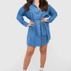 Grande Taille - Robe Chemise Nouée En Jean -Pas Cher Vêtue Diva Magasin gzz41362 mid20blue xl 2