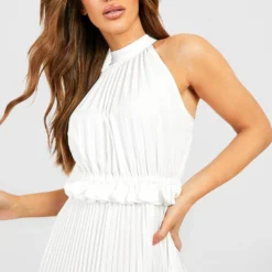 Robe Longue Plissée à Col Montant