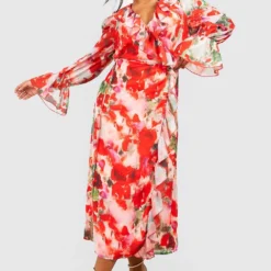 Grande Taille - Robe Portefeuille à Volants Et Imprimé Fleuri -Pas Cher Vêtue Diva Magasin gzz42546 pink xl 2