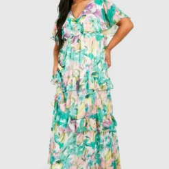 Grande Taille - Robe Longue Fleurie à Manches Volantées -Pas Cher Vêtue Diva Magasin gzz42549 green xl 2 scaled
