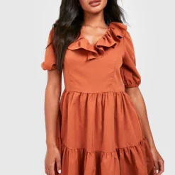 Robe Babydoll En Popeline à Volants -Pas Cher Vêtue Diva Magasin gzz42649 tan xl 2