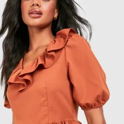 Robe Babydoll En Popeline à Volants -Pas Cher Vêtue Diva Magasin gzz42649 tan xl 3