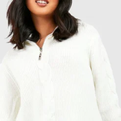 Robe Pull Zippée En Maille Torsadée Premium -Pas Cher Vêtue Diva Magasin gzz42706 ivory xl 3