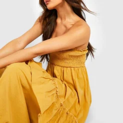 Robe Longue Froncée En Lin -Pas Cher Vêtue Diva Magasin gzz42712 yellow xl 2