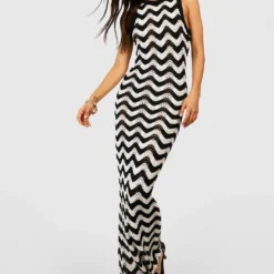 Robe Longue En Crochet à Imprimé Zigzag -Pas Cher Vêtue Diva Magasin gzz42780 black xl 2