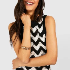 Robe Longue En Crochet à Imprimé Zigzag -Pas Cher Vêtue Diva Magasin gzz42780 black xl 3