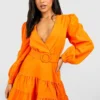 BOOHOO Petite - Robe Portefeuille Patineuse à Manches Larges -Pas Cher Vêtue Diva Magasin gzz42910 orange xl