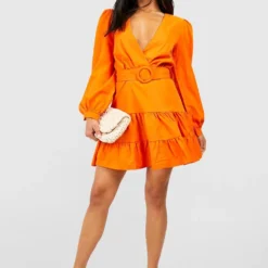 BOOHOO Petite - Robe Portefeuille Patineuse à Manches Larges -Pas Cher Vêtue Diva Magasin gzz42910 orange xl 2